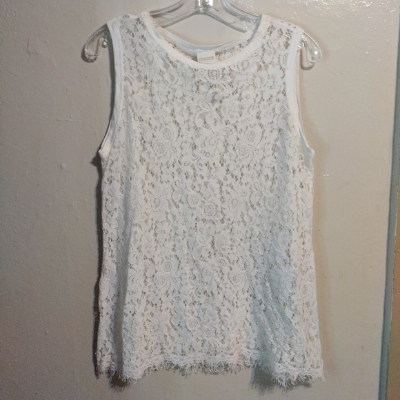 Chicos Tank Top Womens 1 Medium M White Sleeveless Shirt Stretch Blouse Lace - Picture 8 of 8
